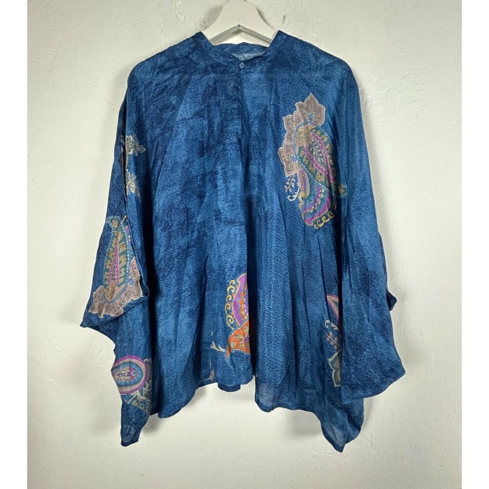 Johnny Was Biya Womens Sascha Poncho Top Blue Paisley Spray S/M Boho Lagenlook